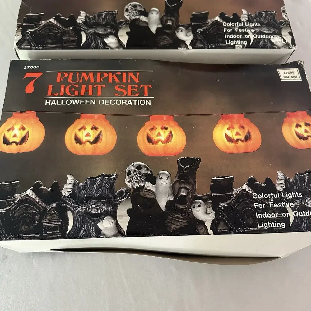 2 Sets Vintage 7 Halloween Blow Mold Pumpkin String Lights 1992